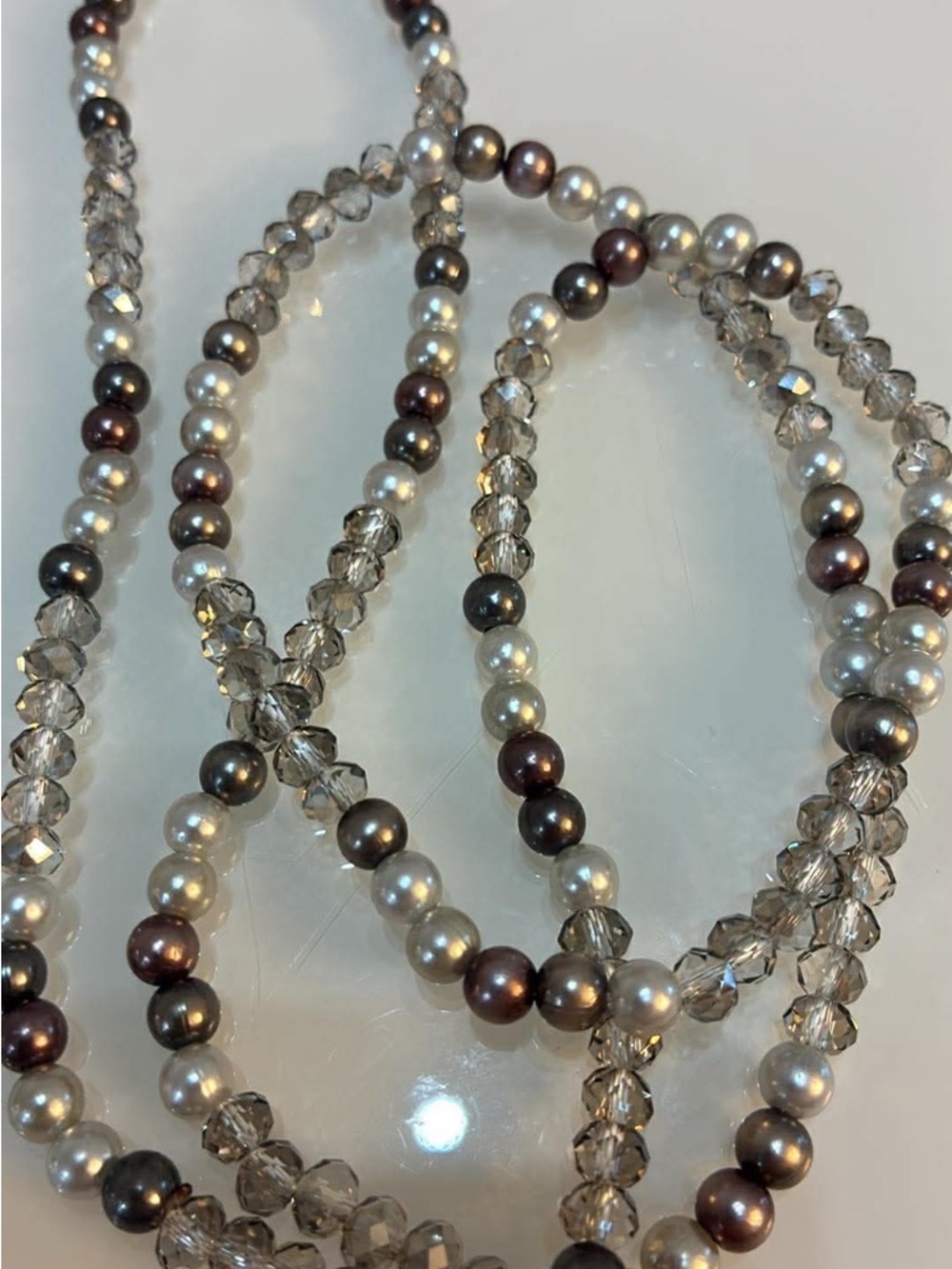 Elegant Multi-Strand Pearl Style & Crystal Necklace in White and Brown